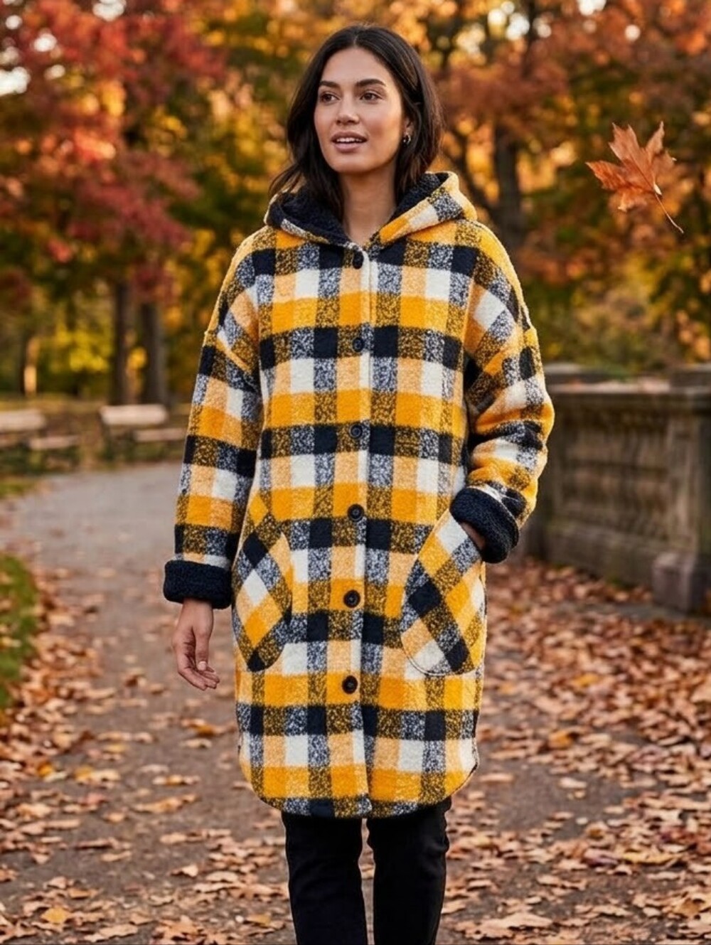RD Style Oversized Casual Black And Gold Plaid Shacket